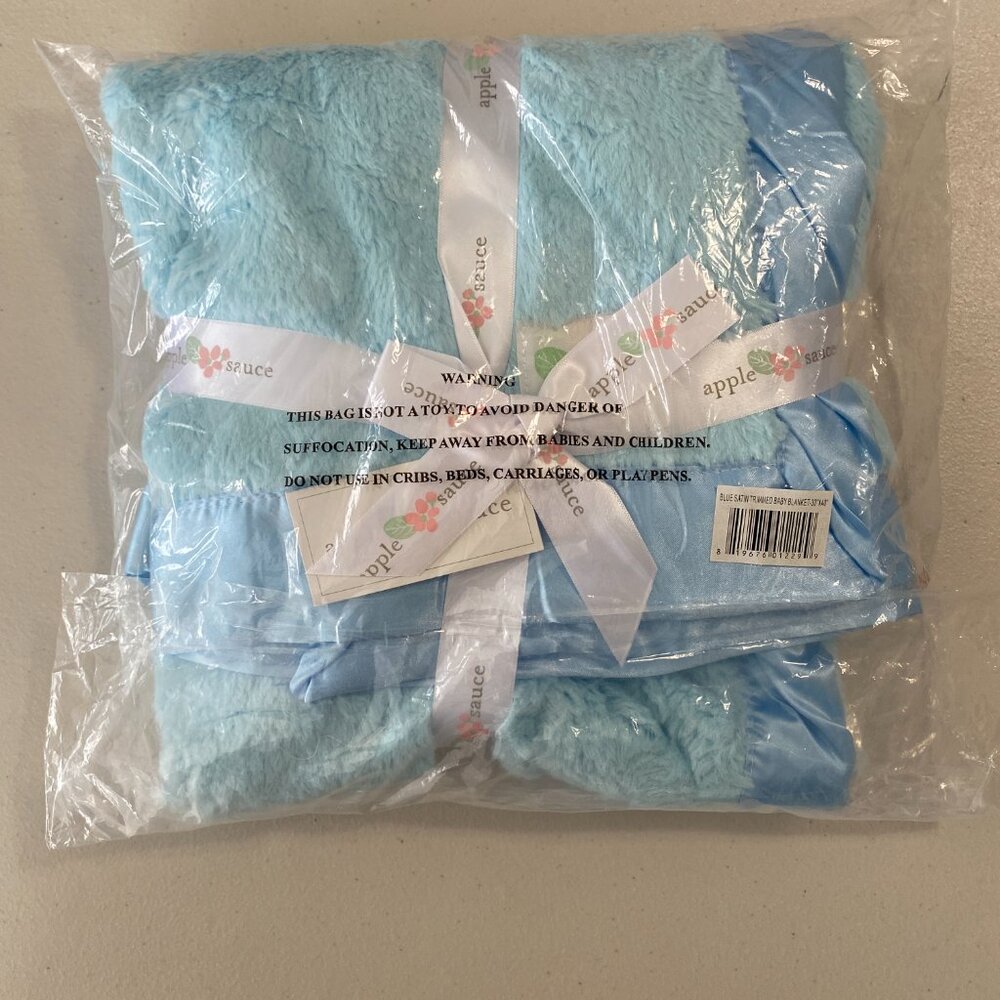 Blue Satin Trimmed Baby Blanket Blue 30" x 40" By Apple sauce - Picture 3 of 4